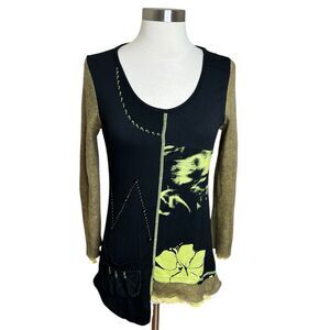 Dzhavael Couture Tunic Top Size Small Black Green Mesh Fuzzy Sleeves Artsy Y2k